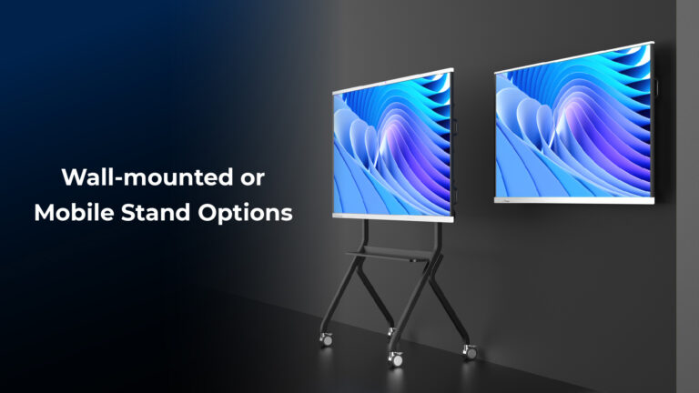 Wall-mounted (VESA 400×400) or mobile stand options